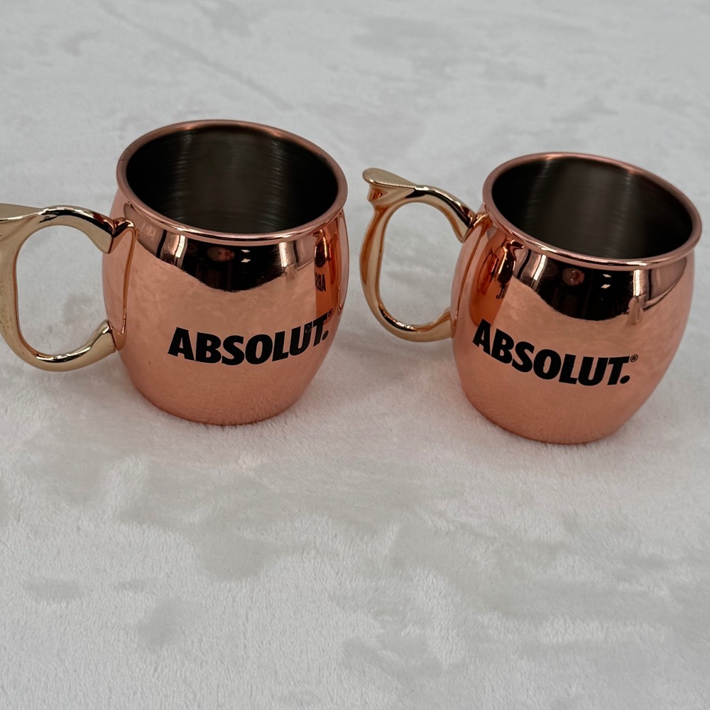 Absolut Vodka Copper Moscow Mule Mugs Stainless Steel Interior Set of 2